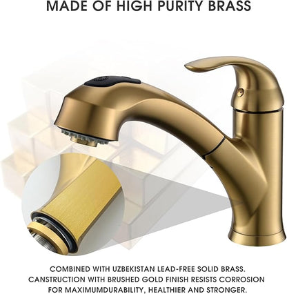 Gold Kitchen Faucet with Sprayer - Matte Brushed Gold Kitchen Sink Faucets with Pull Out Sprayer, Single Handle 1 Hole Faucet Solid Brass Commercial RV Faucets 2 Modes 150°Rotation No Lead