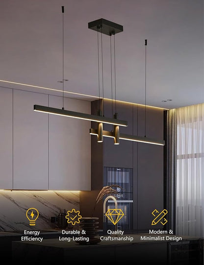 Modern Black Linear Pendant Lights Kitchen Island Lighting Minimalist Led Chandeliers Pool Table Light Dimmable Ceiling Hanging Light Fixture Dining Room with Remote Control (47in)