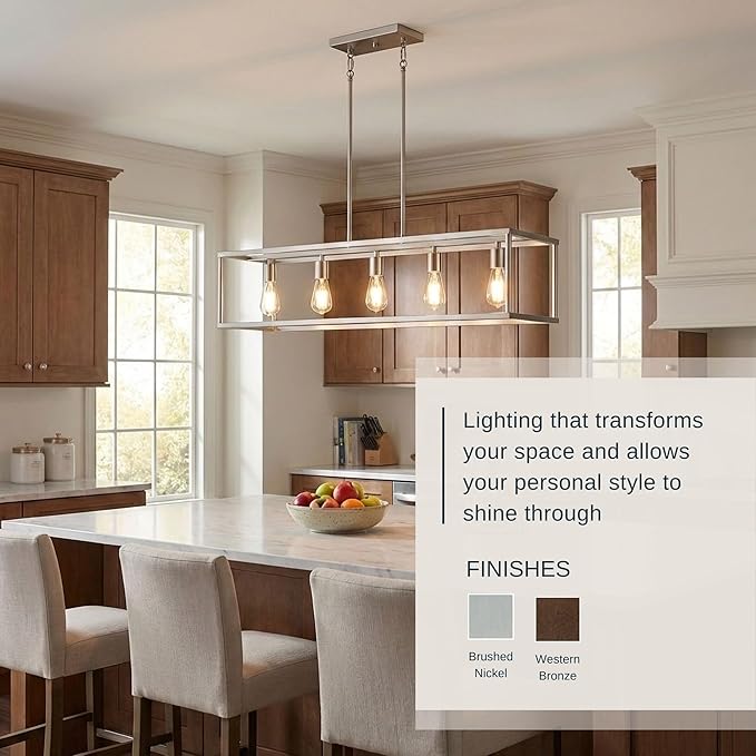 Quoizel New Harbor Linear Chandelier, 38 Inch 5-Light Western Bronze Open-Frame Pendant Lights, 100W, Max Adjustable Height 50", Island Chandelier for Kitchen, Over the Dining Table or Living Room