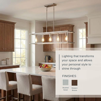 Quoizel New Harbor Linear Chandelier, 38 Inch 5-Light Western Bronze Open-Frame Pendant Lights, 100W, Max Adjustable Height 50", Island Chandelier for Kitchen, Over the Dining Table or Living Room