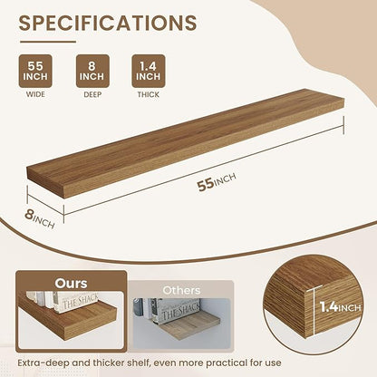 Dreamland 55 Inches Floating Shelves for Wall, 8" Deep Long Floating Shelves Set of 1, Large Display & Storage Shelf, Wall Shelf for Bathroom Bedroom Living Room Kitchen Office, Walnut
