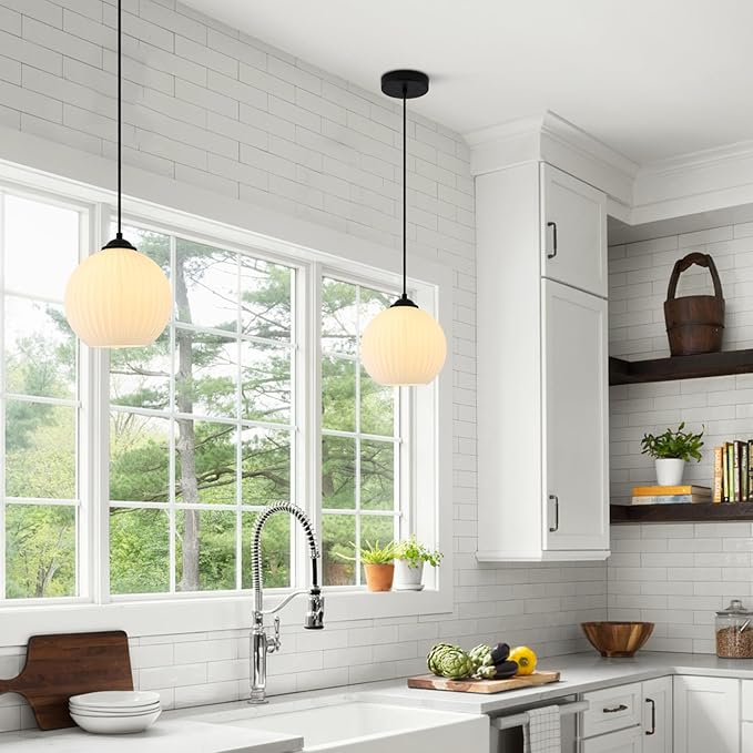 KCO Lighting Vintage Ribbed Glass Pendant Light Black Globe Pendant Lights Kitchen Island Mid Century Modern Pendant Light Milk Glass Hanging Light Fixture (2 Pack)