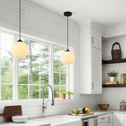 KCO Lighting Vintage Ribbed Glass Pendant Light Black Globe Pendant Lights Kitchen Island Mid Century Modern Pendant Light Milk Glass Hanging Light Fixture (2 Pack)