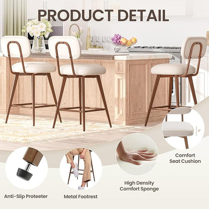 MALOL 26“ PU Leather Swivel Bar Stools Set of 3, Mid Century Counter Height Bar Chairs with Low Back and Metal Legs, Modern Bar Stool Chair for Kitchen Island, Beige