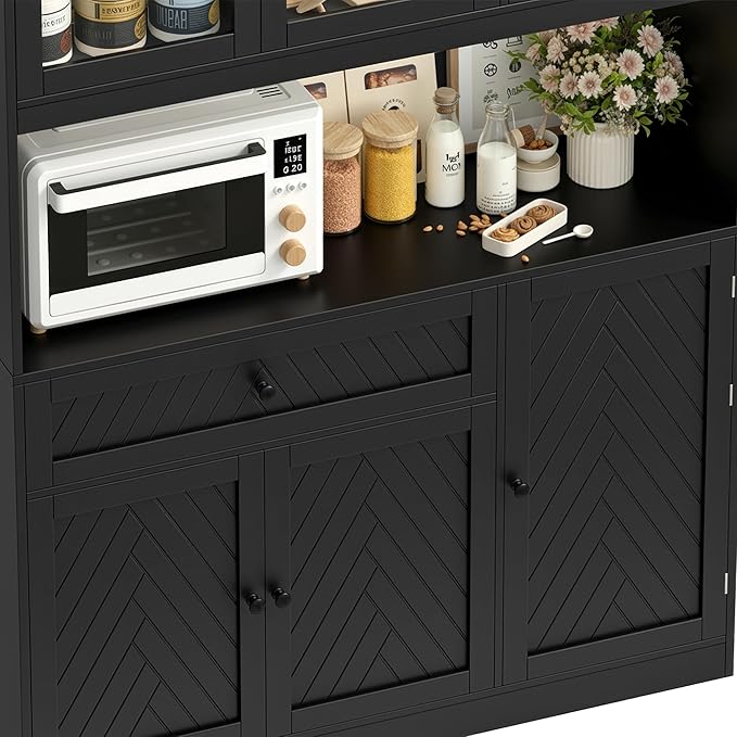 BOTLOG 72” Tall Kitchen Pantry Storage Cabinet, Modern White Kitchen Hutch with Large Storage Drawer, Countertop, Adjustable Shelves, Food Pantry Cabinets for Dining Room, Living Room (Black)