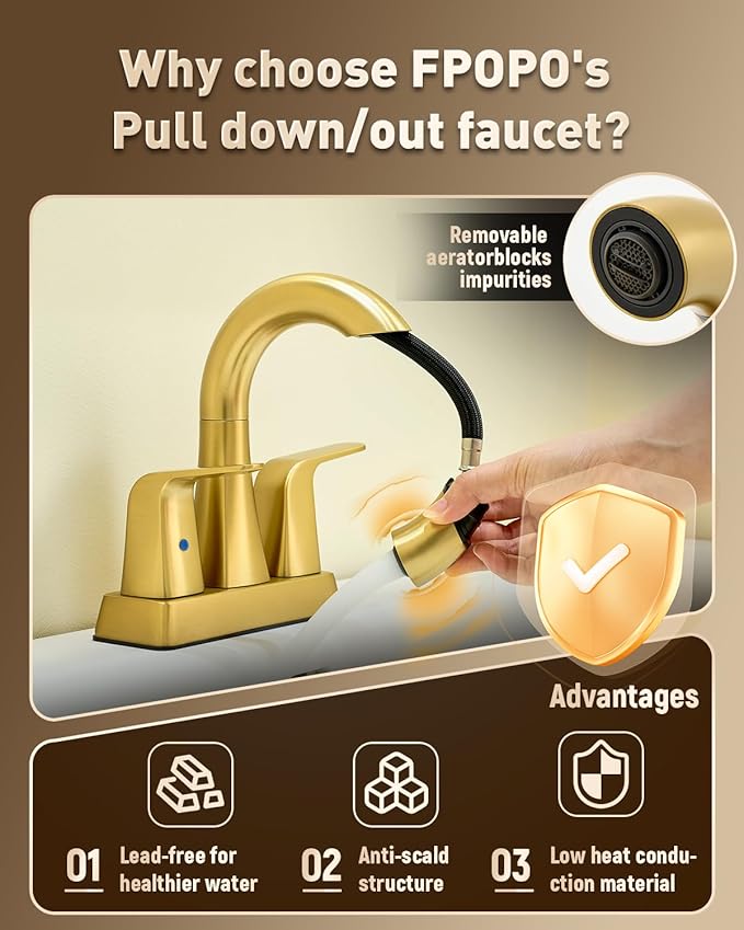 Brushed Gold Bathroom Faucet 4 Inch Centerset 3 Hole, 2 Handle Faucet with Heat-Resistant Pull-Out Sprayer, 360° Swivel Spout & Pop-Up Drain, BF-116B