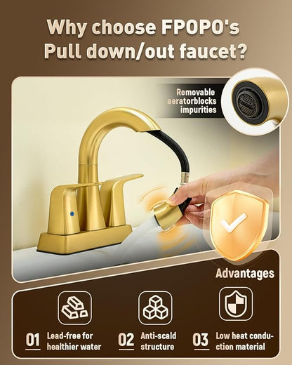 Brushed Gold Bathroom Faucet 4 Inch Centerset 3 Hole, 2 Handle Faucet with Heat-Resistant Pull-Out Sprayer, 360° Swivel Spout & Pop-Up Drain, BF-116B