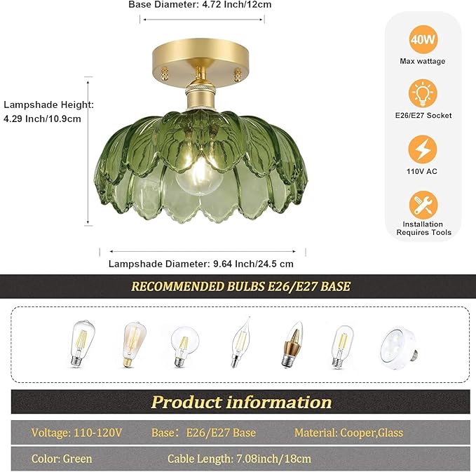 Shenmoyl Semi Flush Mount Gold Vintage Lights Fixture with Green Peony Glass, Bulb Included, 4.72" Base Modern Ceiling Light for Kitchen, Bedroom