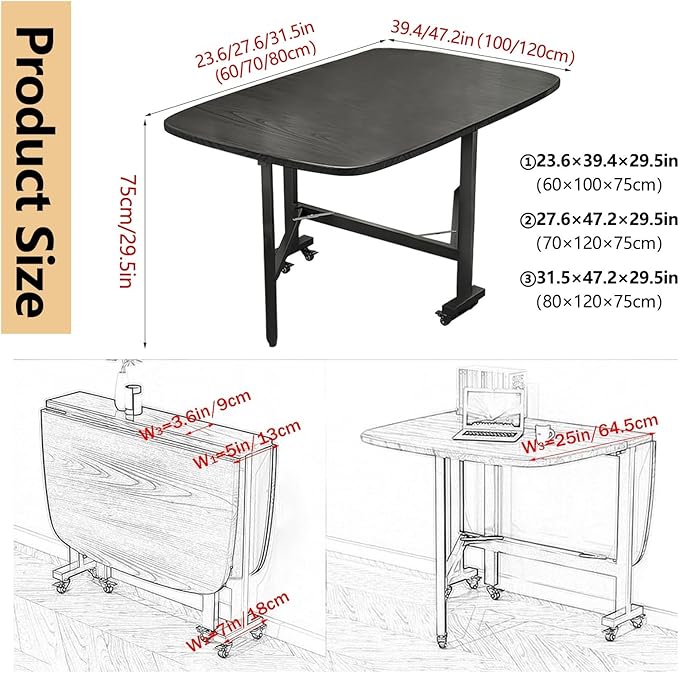 Multifunction Expandable Folding Table, Drop Leaf Dining Table with 6Wheels, Wooden Foldable Kitchen Table, Multifunction Expandable Folding Table for Small Spaces Kitchen, Bedroom, Living Room, black