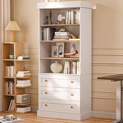 ivaniti 71" Tall Farmhouse Kitchen Pantry, Large Storage Cabinet with Glass Doors, Adjustable Shelves, 3 Drawer, Wood Versatile Hutch Cabinet for Dining Room, Living Room, White 4 Pcs