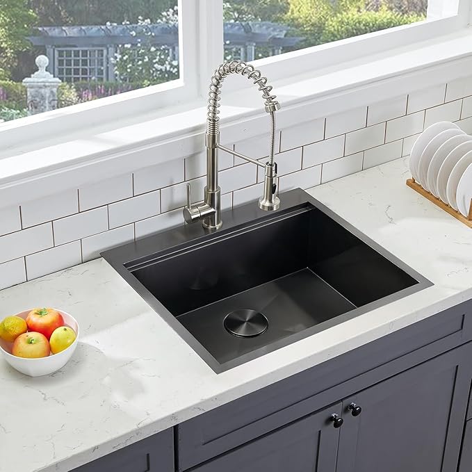 SHACO 18x18 Inch Drop In Black Bar Sink, 18 Inch Gunmetal Black Top Small Mount Kitchen Sink, 304 Stainless Steel 16 Gauge Single Bowl Laundry Prep RV Sink with Strainer Drain