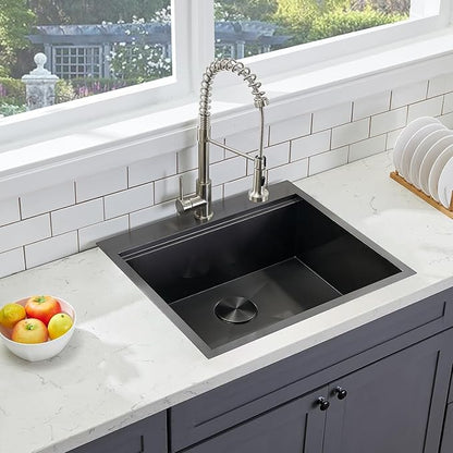 SHACO 18x18 Inch Drop In Black Bar Sink, 18 Inch Gunmetal Black Top Small Mount Kitchen Sink, 304 Stainless Steel 16 Gauge Single Bowl Laundry Prep RV Sink with Strainer Drain