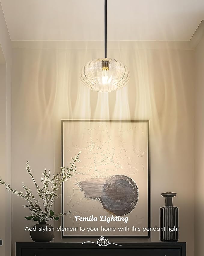 FEMILA 10.3" Pendant Light for Kitchen Island, Black Pendant Lighting, Dome Glass Pendant Light Vintage Light Fixtures for Bedroom Hotel Dining Room, 4FYD85MIL BK