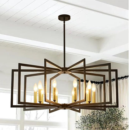 Black Chandelier for Dining Room 10-Light Dining Room Light Fixture Modern Geometric Metal Hanging Industrial Chandeliers for Entryway Kitchen Island Foyer Farmhouse Chandeliers(Black Gold)