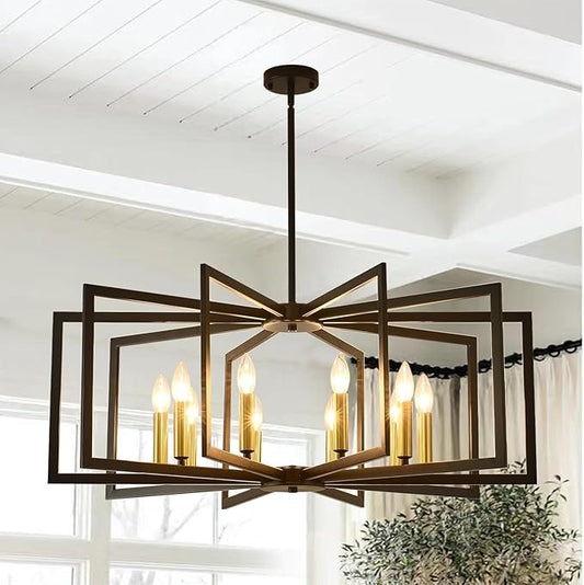 Black Chandelier for Dining Room 10-Light Dining Room Light Fixture Modern Geometric Metal Hanging Industrial Chandeliers for Entryway Kitchen Island Foyer Farmhouse Chandeliers(Black Gold)