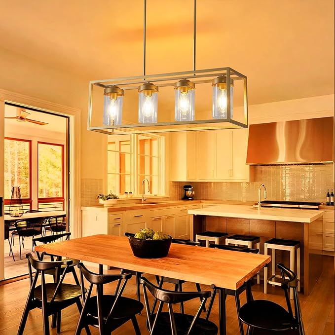 Gold Dining Room Light Fixture，Farmhouse Chandeliers for Dining Room，Rustic Rectangle Chandelier with Clear Glass Shade，Vintage Antique Linear Kitchen Island Light Fixtures