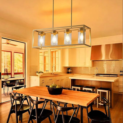 Gold Dining Room Light Fixture，Farmhouse Chandeliers for Dining Room，Rustic Rectangle Chandelier with Clear Glass Shade，Vintage Antique Linear Kitchen Island Light Fixtures