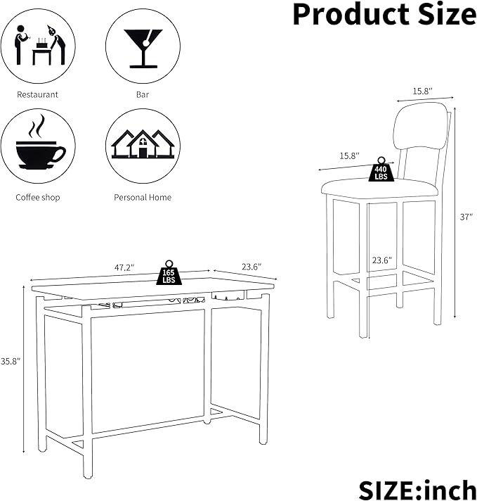 Modern Bar Height Table and Chairs Set - Compact Bar Table and Chairs for 2, Perfect as Small Kitchen Table, Kitchen Island with Seating, or Dining Table with Chairs (Black)