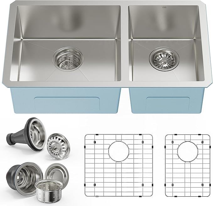 PHS 33-Inch Undermount -60/40 Double Bowl 16 Gauge Stainless Steel Kitchen Sink with Accessories, 9 Inch Deep Sinks with Brushed Finish