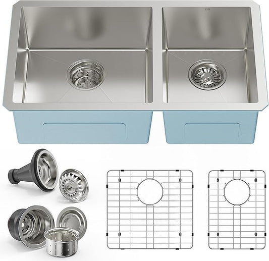 PHS 33-Inch Undermount -60/40 Double Bowl 16 Gauge Stainless Steel Kitchen Sink with Accessories, 9 Inch Deep Sinks with Brushed Finish