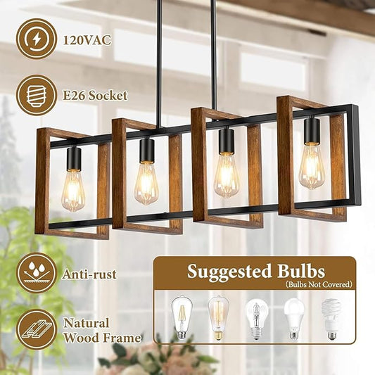 4 Lights Dining Room Light Fixture, Farmhouse Kitchen Island Lighting Wood and Black Metal Rectangular Hanging Chandelier for Ceiling Living Room, Modern Rustic Pendant Lighting Fixture Over Table