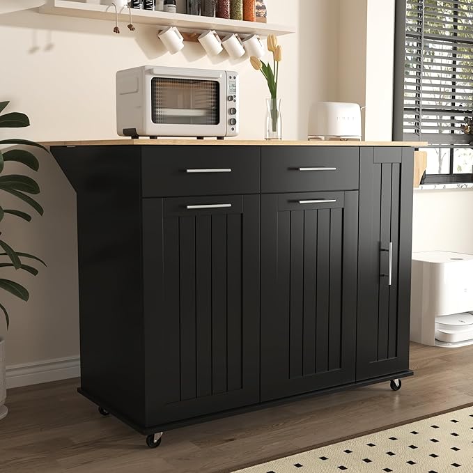 YOPTO 46" Kitchen Island with Drop Leaf,Dining Storage Cart W/ 3 Tier Pull Out Cabinet Organizer & Internal Storage Rack,Rolling Cart on Wheels W/Towel Rack & 2 Drawers,for Kitchen,Black