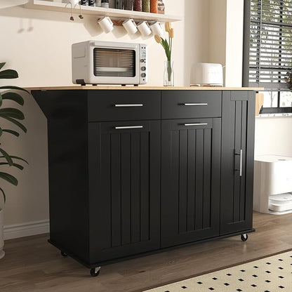 Kitchen Island With Drop Leaf, Storage Cart With 3 Tier Pull Out Cabinet Organizer, Internal Rack, Rolling Cart on Wheels With Towel Rack, 2 Drawers, for Kitchen (Black#021)