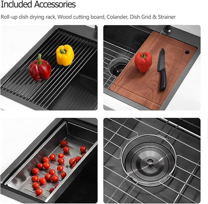 25 Black Drop in Kitchen Sink, Luckyhorse 16 Gauge Nano Black Stainless Steel 25x22 Deep Drop In Workstation Kitchen Sink LH004SB
