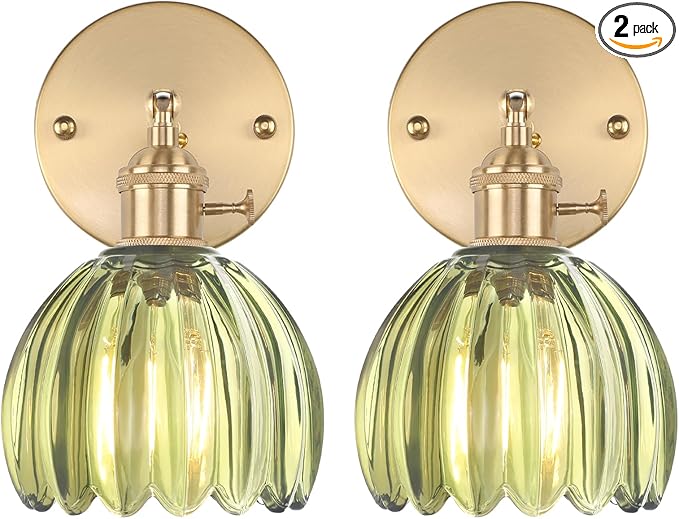 Shenmoyl Vintage Wall Sconces Set of 2 with Green Tulip Glass Lampshade 180 Degree Adjustable Brass Sconces Hradwired Modern Wall Lighting Fixture with Switch for Bedside Bedroom Doorway