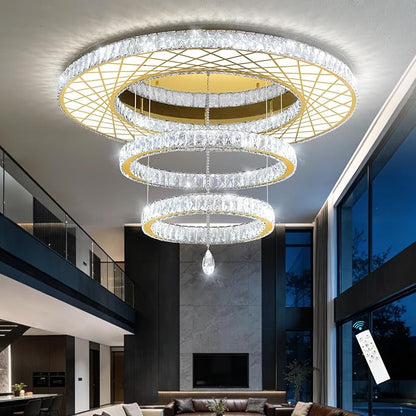HAIXIANG 48 inch Large Size Glam Chandelier Crystal Ceiling Light for Living Room Chandeliers Lighting Fixtures with Remote Dimmable LED Light,Gold Luxury Interior Light