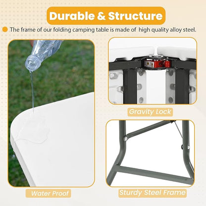 FDW 6FT Folding Table, Portable Fold-in-Half Plastic Picnic Party Table with Carrying Handle (White