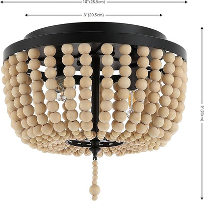 JONATHAN Y 10" Black/Cream Allison 2-Light LED Flush Mount Ceiling Light for Bedroom, Wood Beaded Shade Shabby Chic Farmhouse Rustic Decor, LED Bulbs Included (JYL9074B)