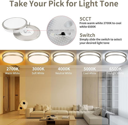 13Inch 36W Ceiling Light Fixtures 2 Packs, 5CCT LED Flush Mount Ceiling Mount Lights 2700K 3000K 4000K 5000K 6500K, Dimmable Close to Ceiling Lighting for Bathroom Kitchen Stairwell Bedroom, Nickel