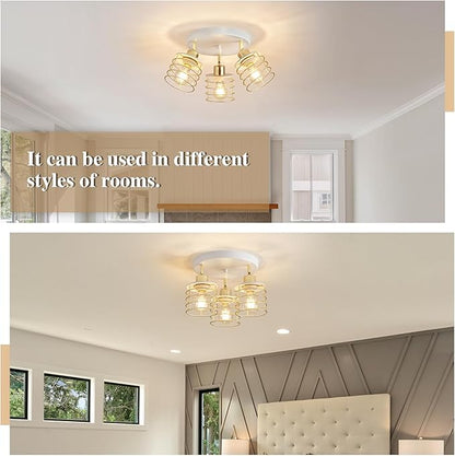 Semi Flush Mount 3-Light Kitchen Ceiling Fixture, Multi-Directional Lights for Kitchen, Farmhouse, Hallway, Dining Room, Entryway (White & Gold)