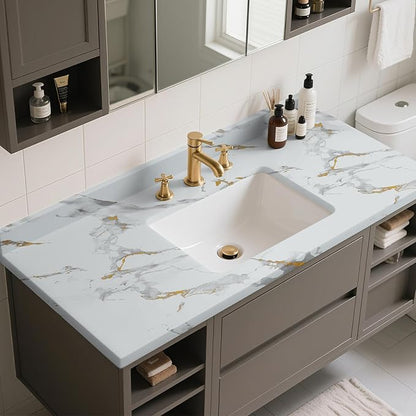 practicalWs Glossy Marble Wallpaper Peel and Stick White/Gold Granite Contact Paper Removable Wall Paper for Kitchen Countertop Cabinet Furniture 35.4" x 118"