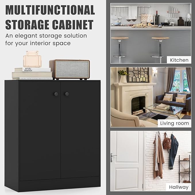 GRAFFY Wood Floor Storage Cabinet - Freestanding Sideboard Cabinet with 2 Doors and 3-Tier Shelves, Modern Storage Organizer for Living Room, Kitchen, Bathroom, Hallway, Dining Room, Entryway (Black)