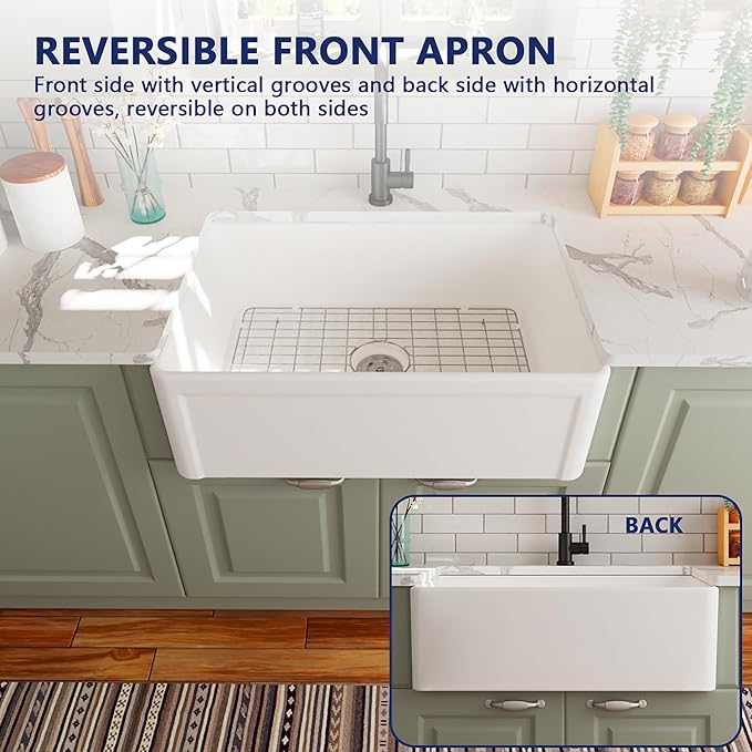 DeerValley Farmhouse Kitchen Sink 30 Inch, Ceramic White Farm Apron Front Sink, Drop in Single Bowl Sinks with Bottom Grid and Strainer