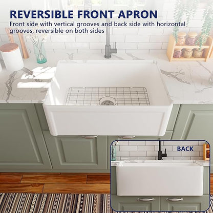 DeerValley Farmhouse Kitchen Sink 30 Inch, Ceramic White Farm Apron Front Sink, Drop in Single Bowl Sinks with Bottom Grid and Strainer