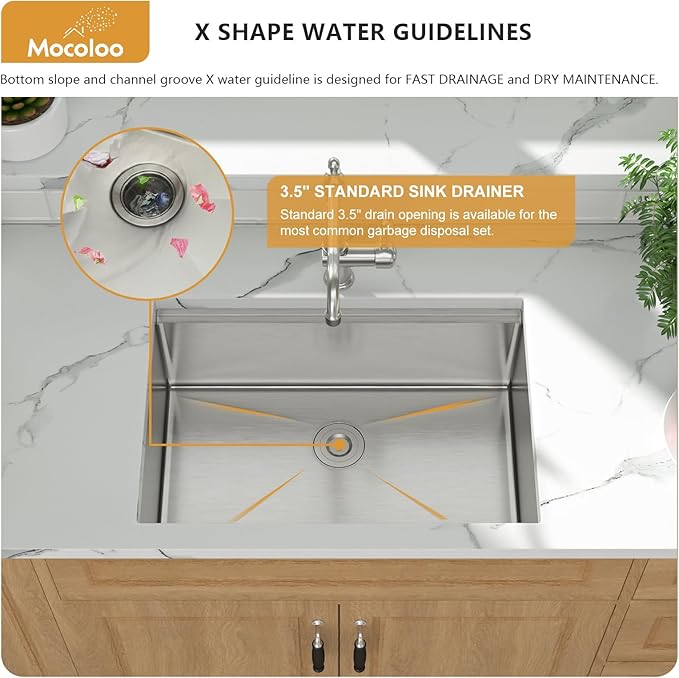 Mocoloo 27 Inch Undermount Kitchen Sink - 27x19 Stainless Steel Sink 16 Gauge Single Bowl Workstation Handmade Deep Basin