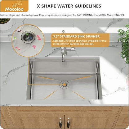 Mocoloo 27 Inch Undermount Kitchen Sink - 27x19 Stainless Steel Sink 16 Gauge Single Bowl Workstation Handmade Deep Basin