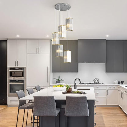 Modern Pendant Light Chrome Rectangle Pendant Lighting Mini Crystal Chandeliers Adjustable Pendant Light Fixture for Kitchen Island Dinning Room Living Room Corridor Bedroom(Chrome 5-Light)
