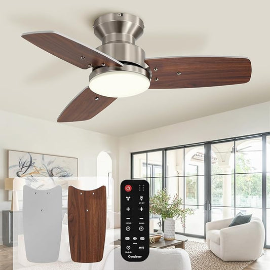 42 Inch Ceiling Fans with Lights and Remote, Bedroom Living Room Office, Flush Mount, 3CCT Dimmable, Dual Color 3 Blades 6 Speed Reversible Quiet DC Motor, Sand-Nickel/Wood Grain