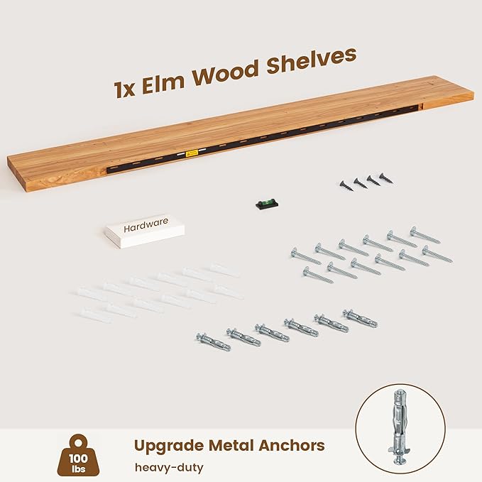 Venusmiles Reclaimed Elm Wood Floating Shelf for Wall, Flat Edge 72" W x 9.2" D x 1.4" H, Large Invisible Wall Mounted Shelf for Living Room Bedroom Kitchen Bathroom Decor, Natural Finish 1 Pack