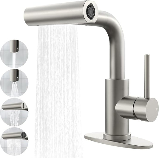Brushed Nickel Bathroom Faucet with Sprayer - Brushed Nickel Bathroom Faucets for Sink 1 Hole or 3 Holes, 4 Mode Single Handle Vanity Faucet Waterfall Bathroom Faucet with Pull Down Sprayer (No Drain)