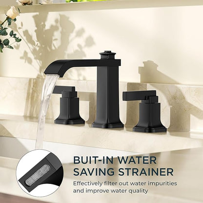 FORIOUS 3 Hole Bathroom Vanity Sink Faucet,Matte Black Waterfall Widespread Bathroom Faucets 2-Handle with Metal Pop-Up Drain, Modern Design
