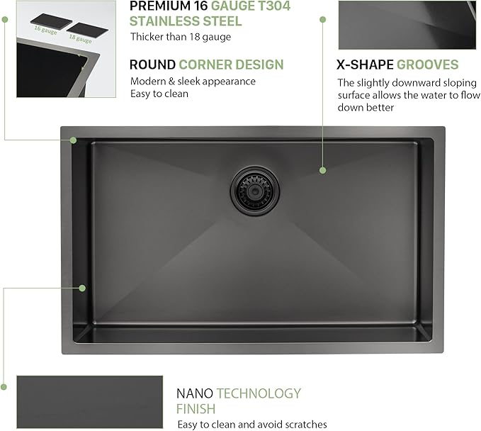 33 Inch Black Undermount Kitchen Sink - Beslend Gunmetal Black NANO-PVD Sinks Stainless Steel Under Counter Kitchen Sink 16 Gauge Single Bowl Round Corner Basin 33x19x10