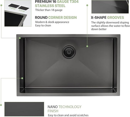32 Inch Black Undermount Kitchen Sink - Beslend 32"x19"x10" Stainless Steel Gunmetal Black 16 Gauge 10 Inch Deep Single Bowl Basin