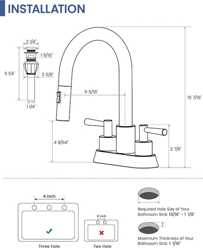 Bathroom Faucet with Pull Out Sprayer, Oil Rubbed Bronze Bathroom Faucet 3 Holes, 2 Handle Bathroom Sink Faucet with 360 Degree Swivel Spout, Pop Up Drain Assembly Included