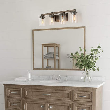 LALUZ Bathroom Vanity Light Fixtures, Farmhouse Vanity Lighting with Clear Glass Shades, Faux Wood, 4-Light, 28’’ L x 6.3’’ W x 8.7’’ H