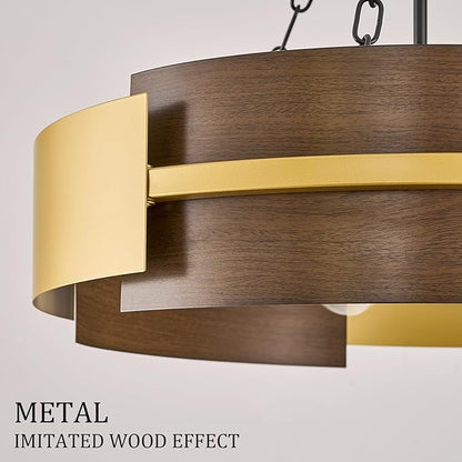 CATINER Modern Industrial Chandelier, Gold Metal 6-Light Drum Hanging Fixture 24" Pendant Lighting for Living Dining Room Foyer Entryway Kitchen, Walnut Grain Finish